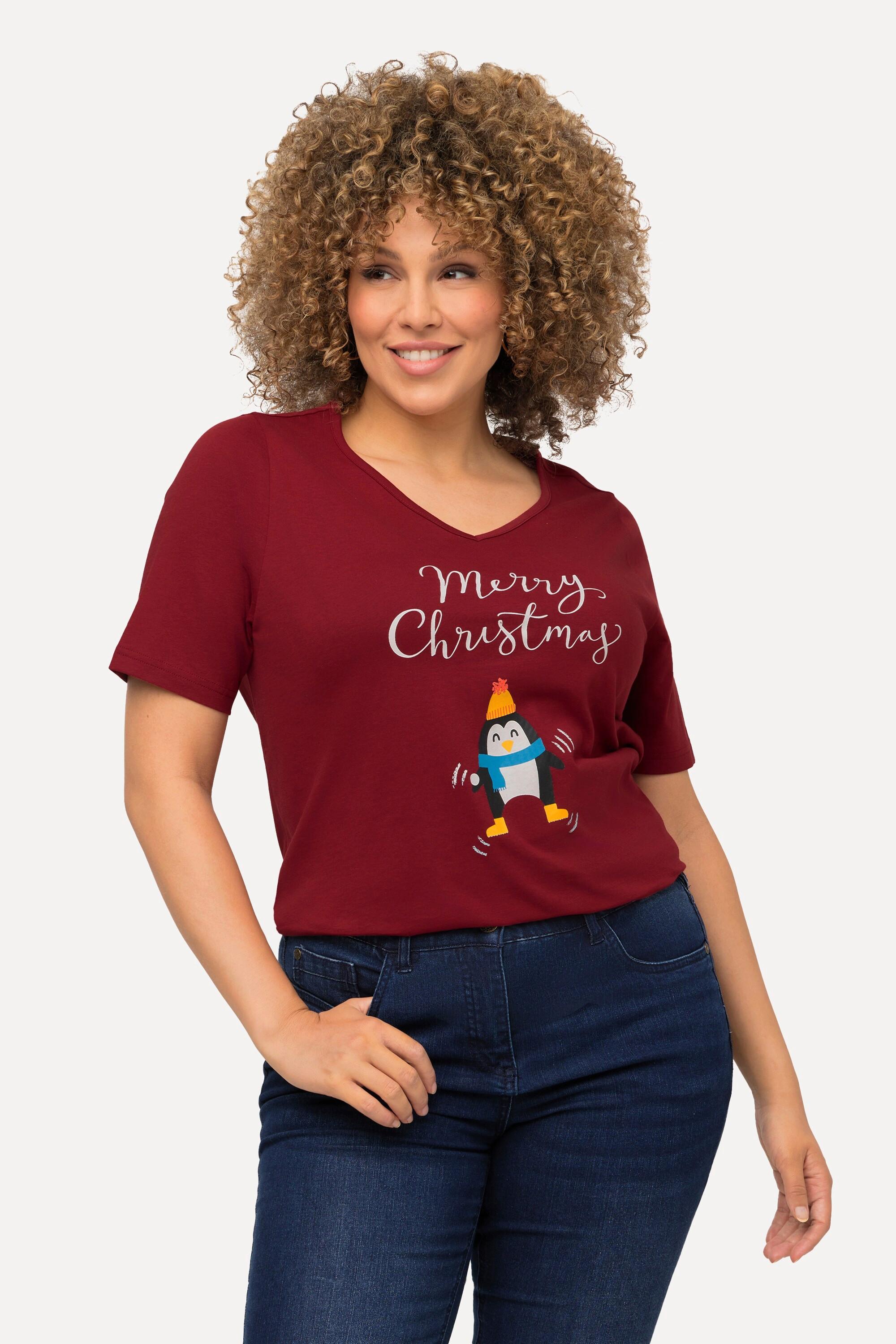 Ulla Popken  T-shirt de Noël à manches courtes et col en V, silhouette en A, motif pingouin 