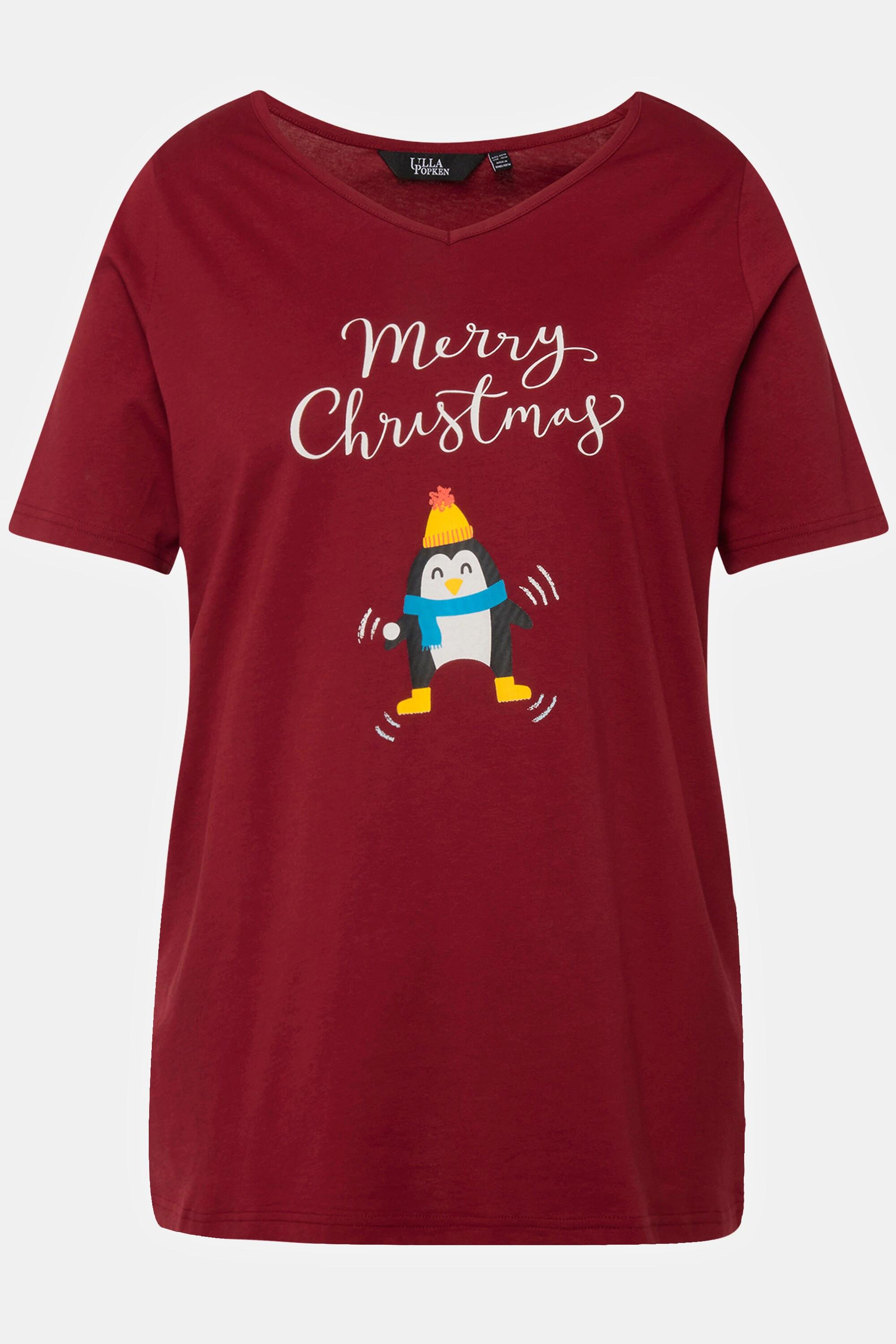 Ulla Popken  T-shirt de Noël à manches courtes et col en V, silhouette en A, motif pingouin 