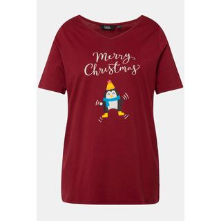 Ulla Popken  T-shirt de Noël à manches courtes et col en V, silhouette en A, motif pingouin 