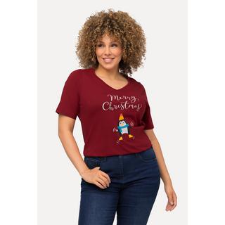 Ulla Popken  T-shirt de Noël à manches courtes et col en V, silhouette en A, motif pingouin 