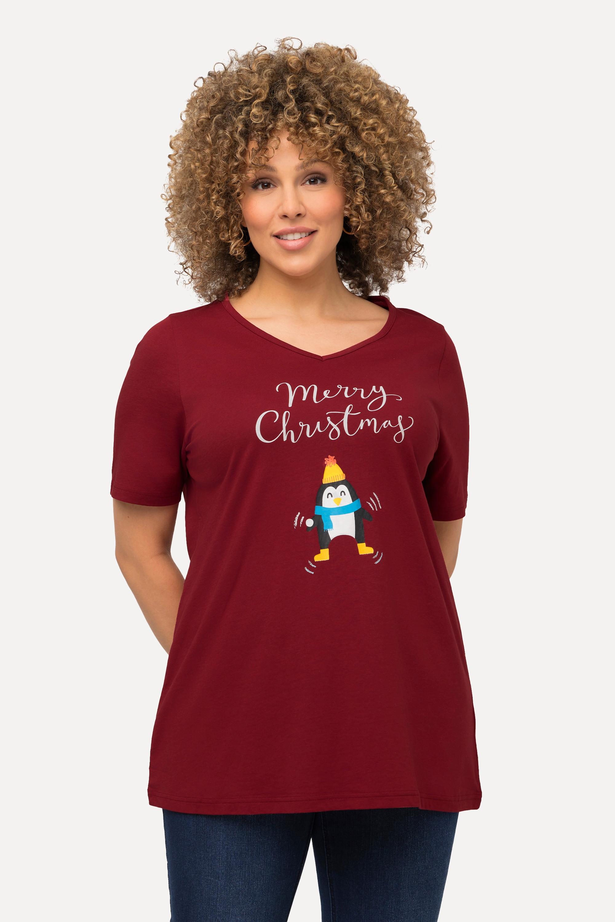 Ulla Popken  T-shirt de Noël à manches courtes et col en V, silhouette en A, motif pingouin 