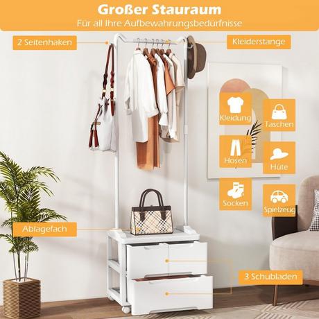 Northix Portant à 3 tiroirs Porte-manteau roulant avec crochets latéraux 46 x 38 x 157 cm  