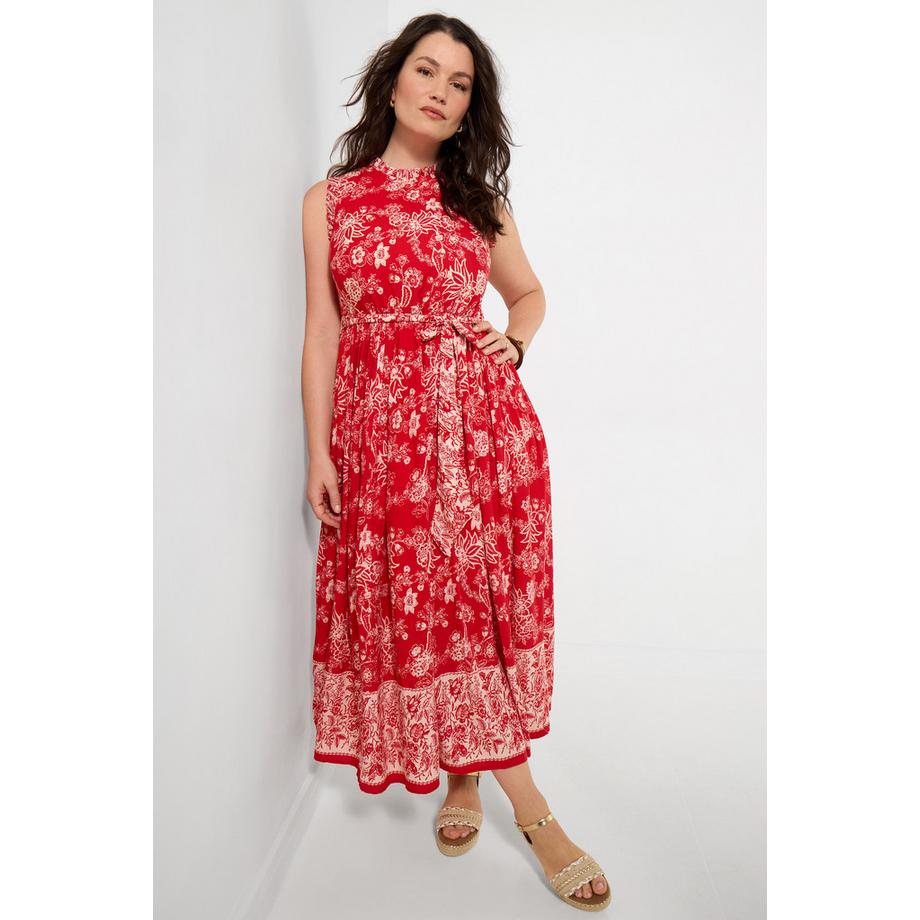 Robe Maxi Florale avec Col à Volants et Imprimé Bordure