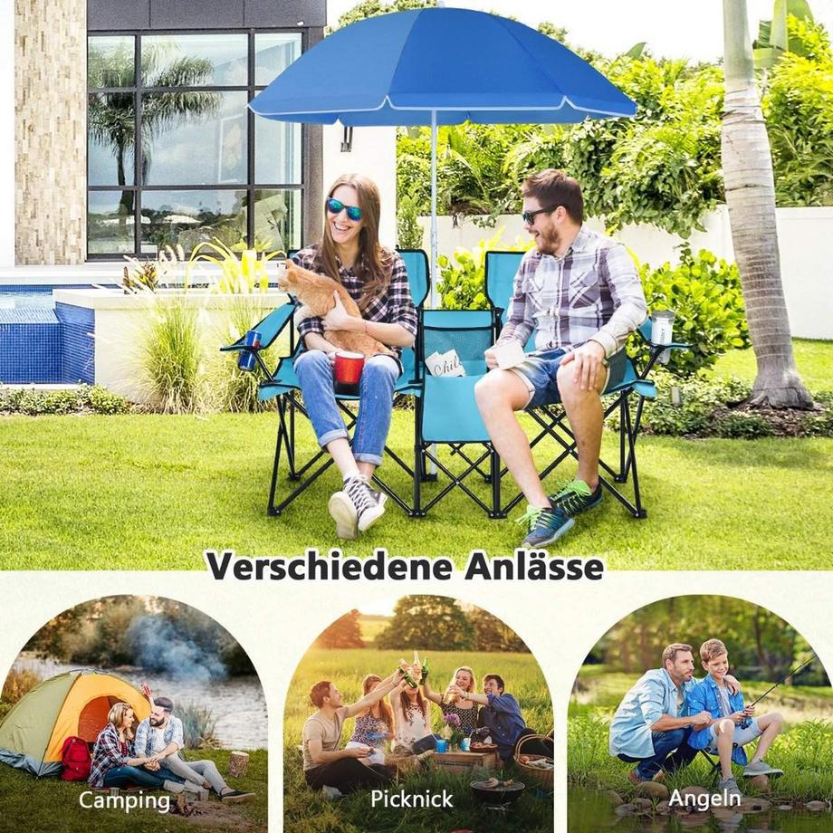 Northix  Campingstuhl mit Sonnenschirm Doppel Klappstuhl mit Getränkehalter Kühltasche Türkis 