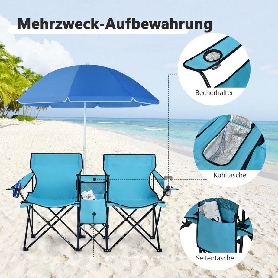 Northix  Campingstuhl mit Sonnenschirm Doppel Klappstuhl mit Getränkehalter Kühltasche Türkis 