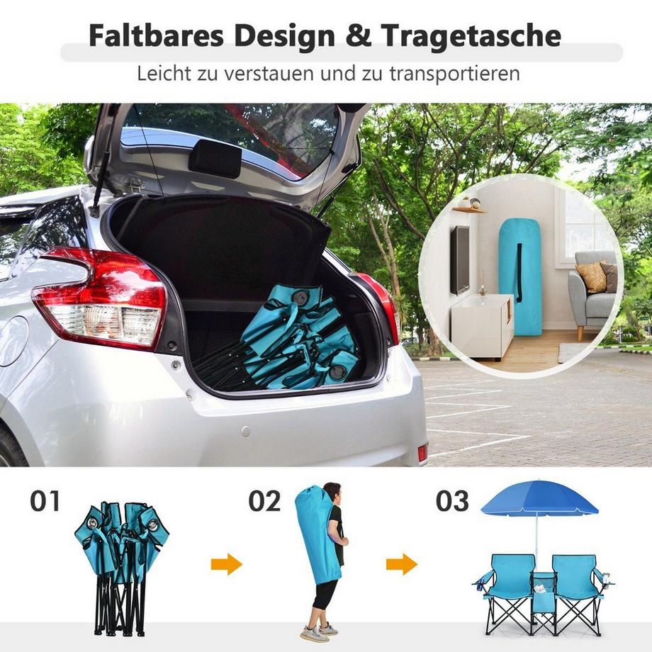 Northix  Campingstuhl mit Sonnenschirm Doppel Klappstuhl mit Getränkehalter Kühltasche Türkis 