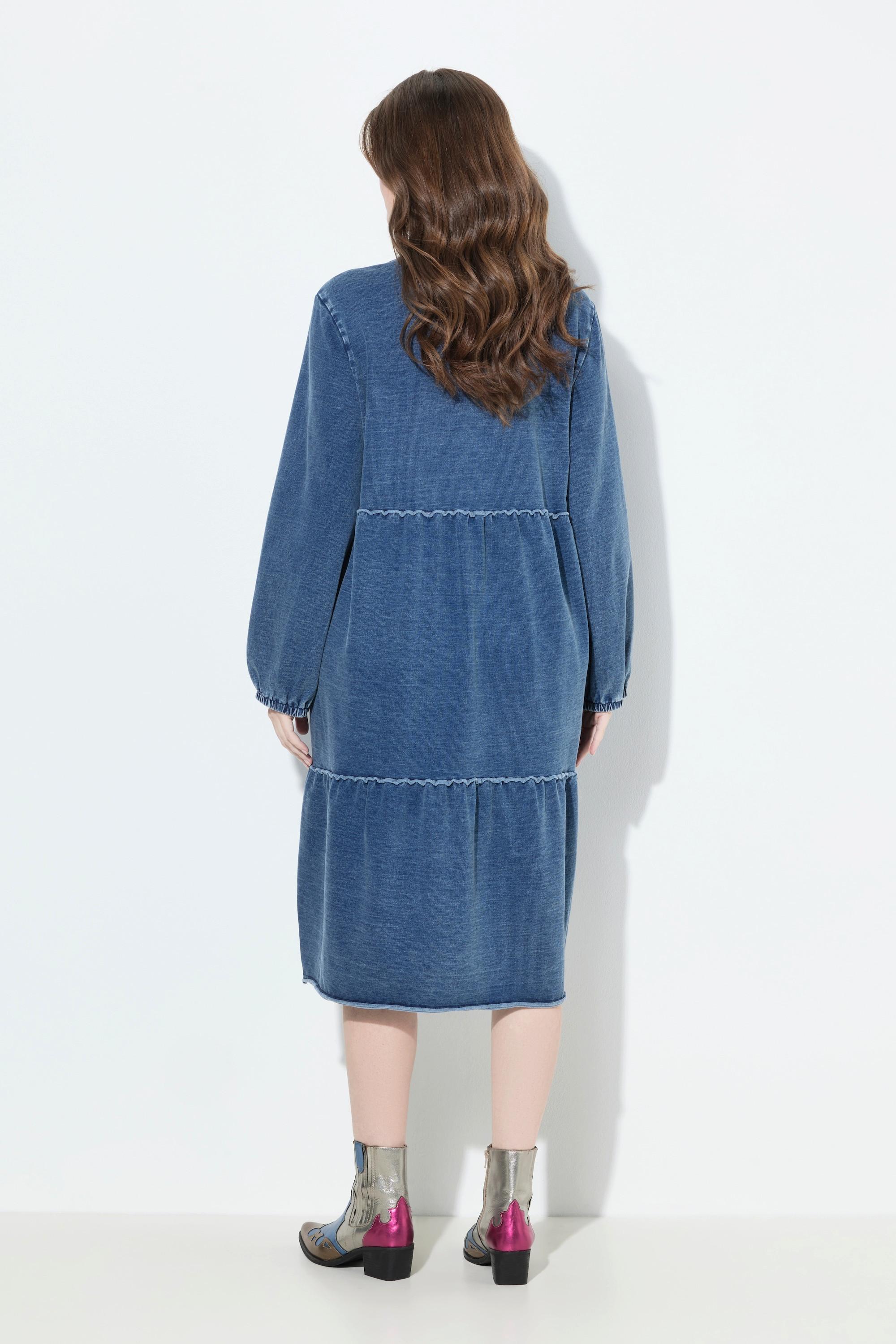 Ulla Popken Sweatkleid Volants A-Linie Hemdkragen Langarm  