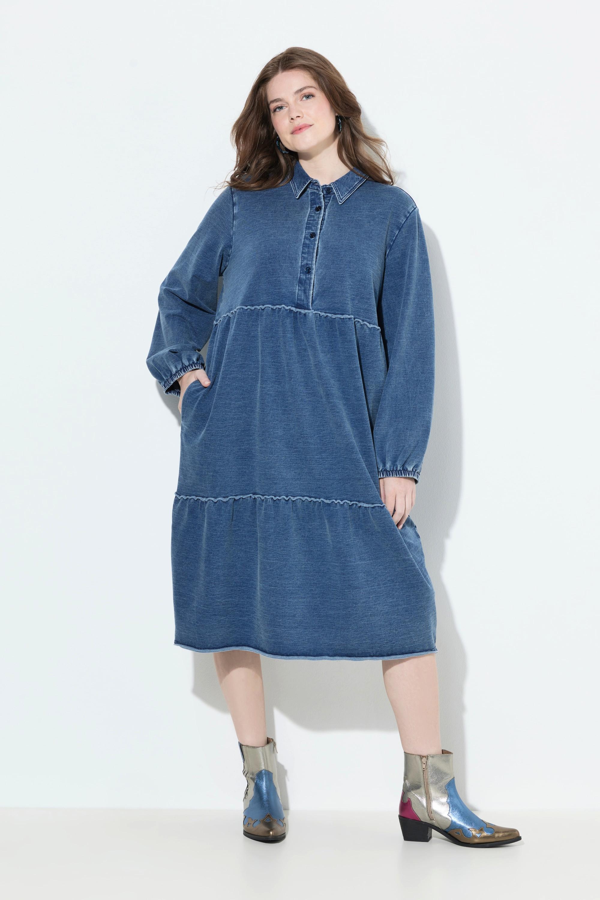 Ulla Popken Sweatkleid Volants A-Linie Hemdkragen Langarm  