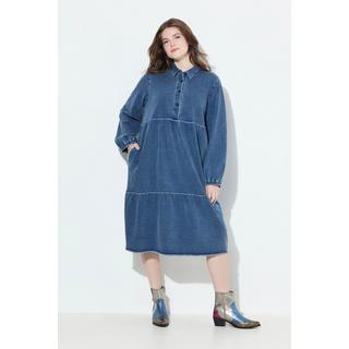 Ulla Popken Sweatkleid Volants A-Linie Hemdkragen Langarm  