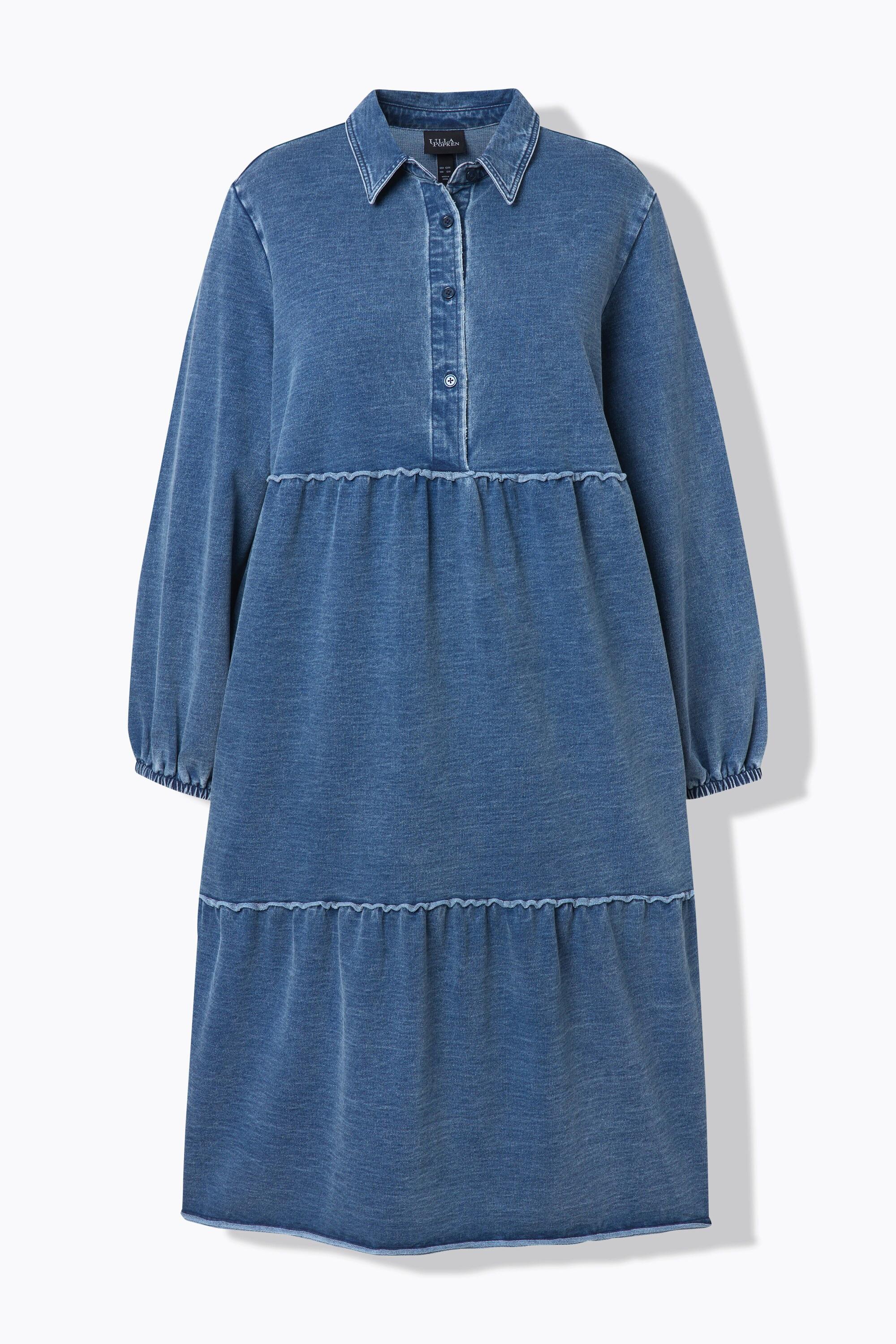 Ulla Popken Sweatkleid Volants A-Linie Hemdkragen Langarm  