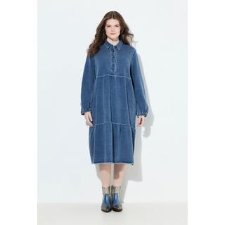 Ulla Popken Sweatkleid Volants A-Linie Hemdkragen Langarm  