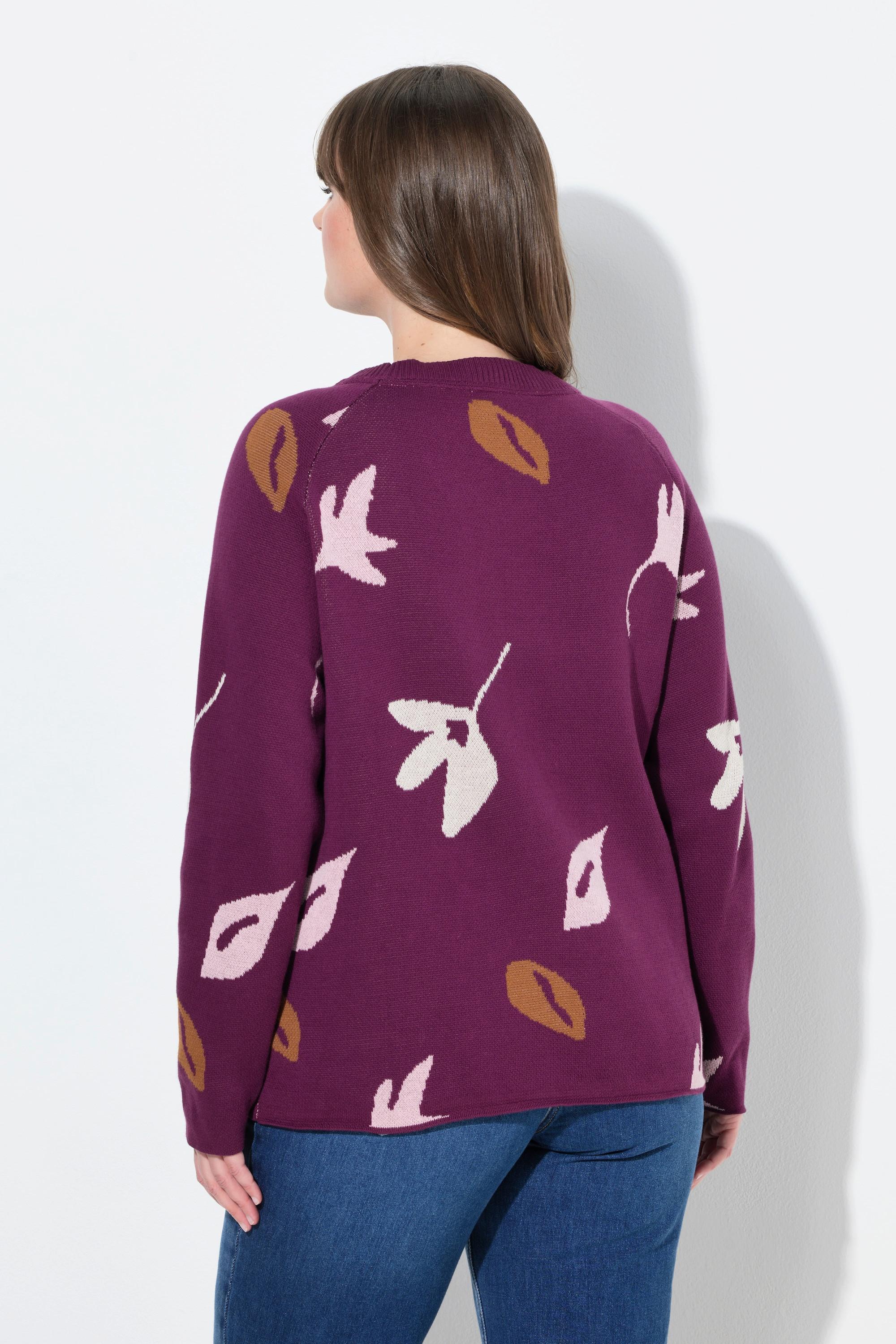 Ulla Popken Maglione Motivo Foglie Scollo a Barca Maniche Lunghe Cotone Biologico  