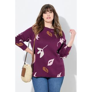 Ulla Popken Maglione Motivo Foglie Scollo a Barca Maniche Lunghe Cotone Biologico  