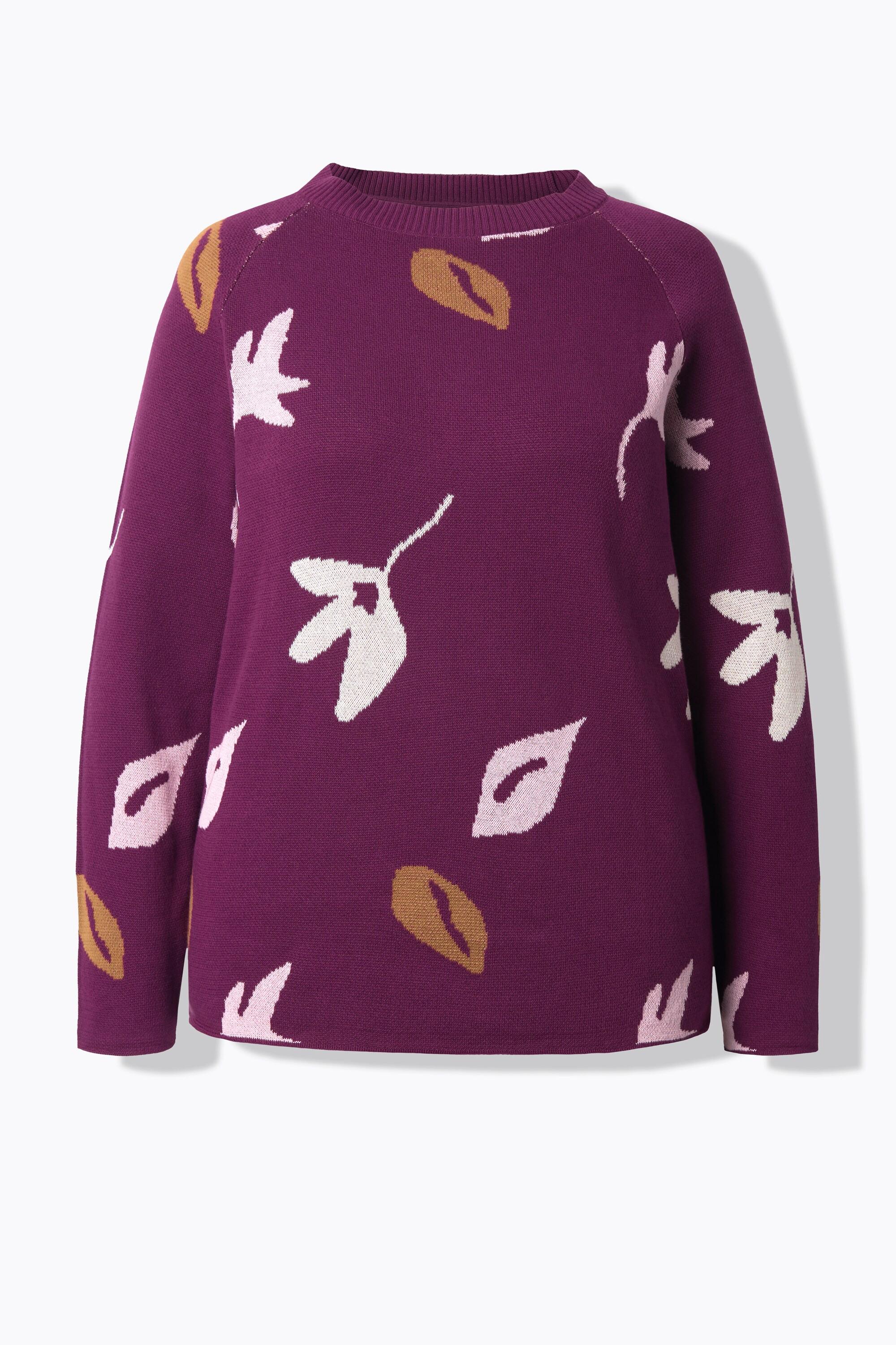 Ulla Popken Maglione Motivo Foglie Scollo a Barca Maniche Lunghe Cotone Biologico  