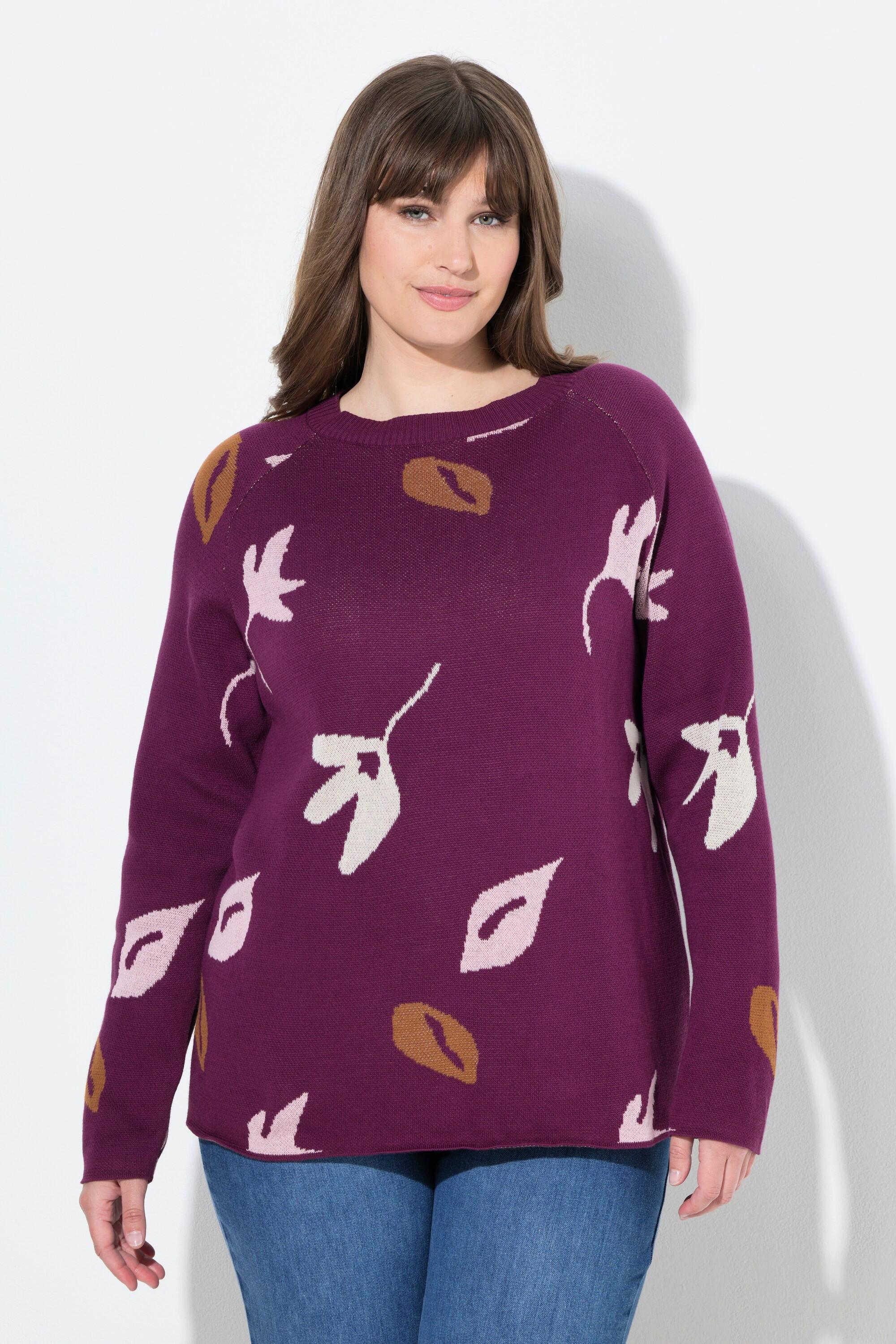 Ulla Popken Maglione Motivo Foglie Scollo a Barca Maniche Lunghe Cotone Biologico  