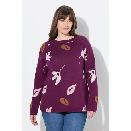 Ulla Popken Maglione Motivo Foglie Scollo a Barca Maniche Lunghe Cotone Biologico  