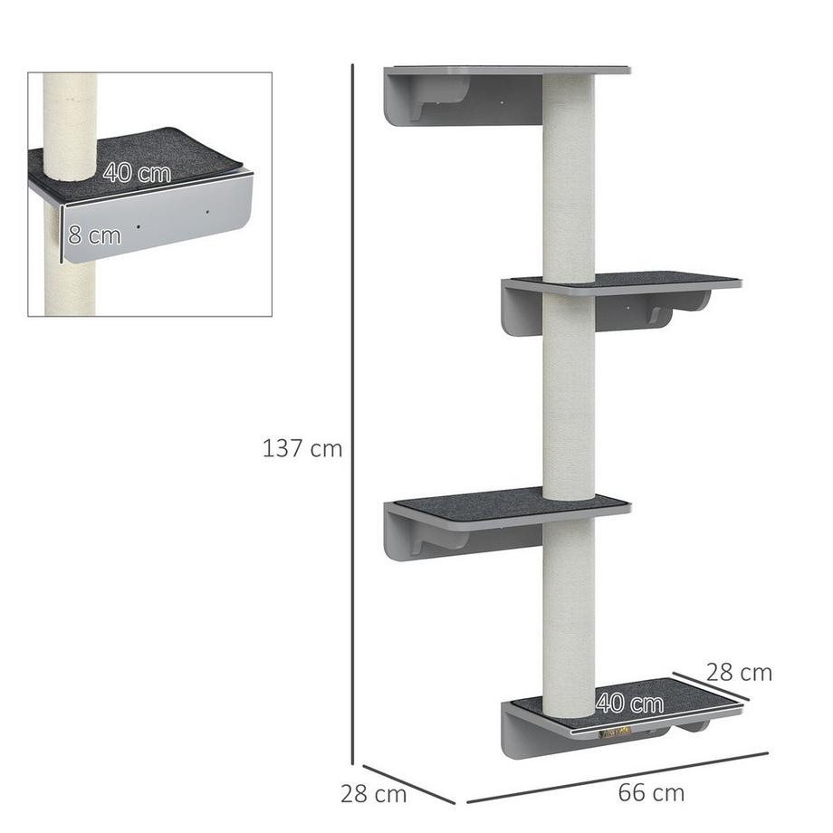 Northio  Wandkratzbaum Katzen-Kletterwand Wandmontage Holz Hellgrau Beige 66X28X137Cm 