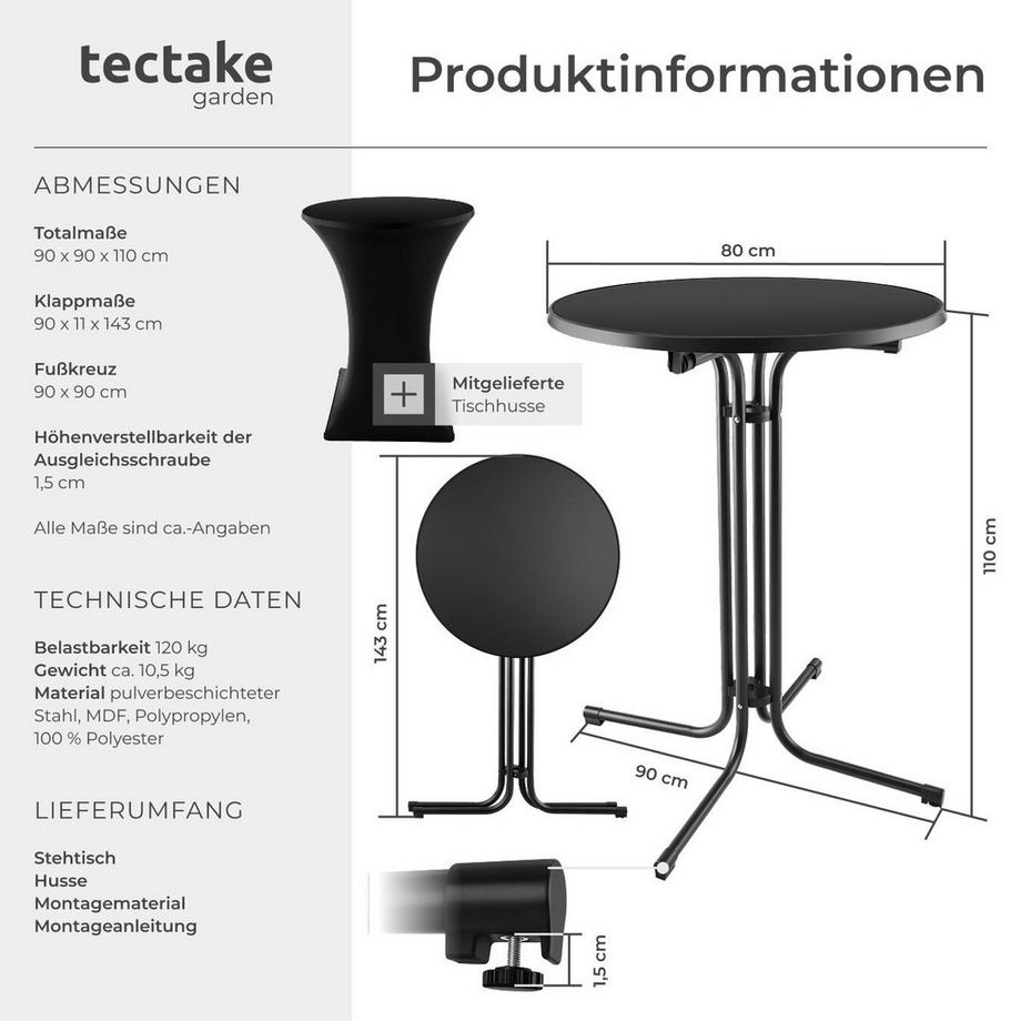 Tectake Stehtisch Eren rund mit Tischhusse klappbar, 90 x 110 cm  