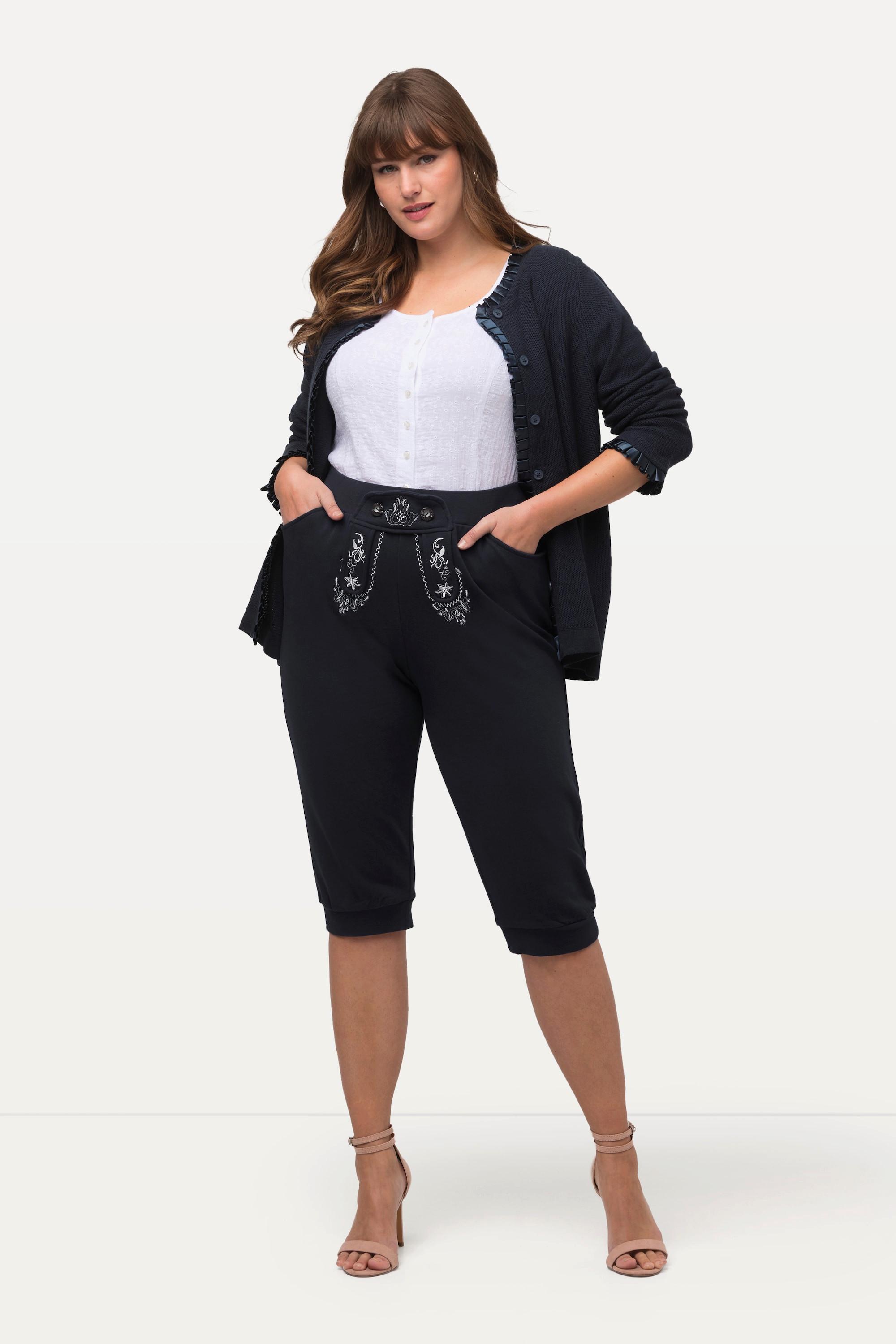 Ulla Popken  Pantalon de jogging, inspiré du costume traditionnel bavarois, broderies, taille élastique, longueur 7/8 