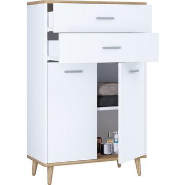 Badmöbel Midischrank | Seitenschrank | Maße: H. 97 x B. 60 x T. 28 cm | 2 Schubladen | 2 Drehtüren | 2 Fächer - Landos