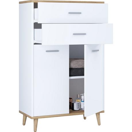 VCM Badmöbel Midischrank | Seitenschrank | Maße: H. 97 x B. 60 x T. 28 cm | 2 Schubladen | 2 Drehtüren | 2 Fächer - Landos  