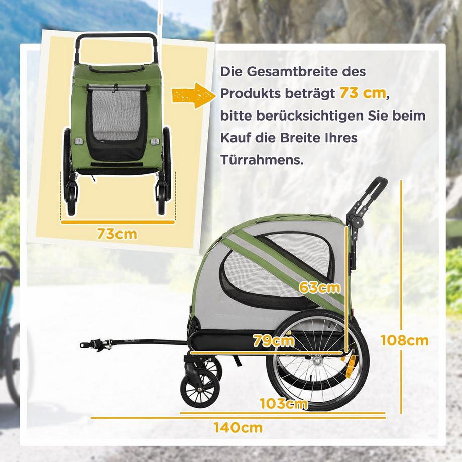Northio  2-in-1 Hundeanhänger & Hundebuggy, Hundefahrradanhänger Fahrradanhänger, Hundewagen mit Reflektoren für Mittelgroße Hunde bis 20 kg, Oxford-Gewebe, Grün 