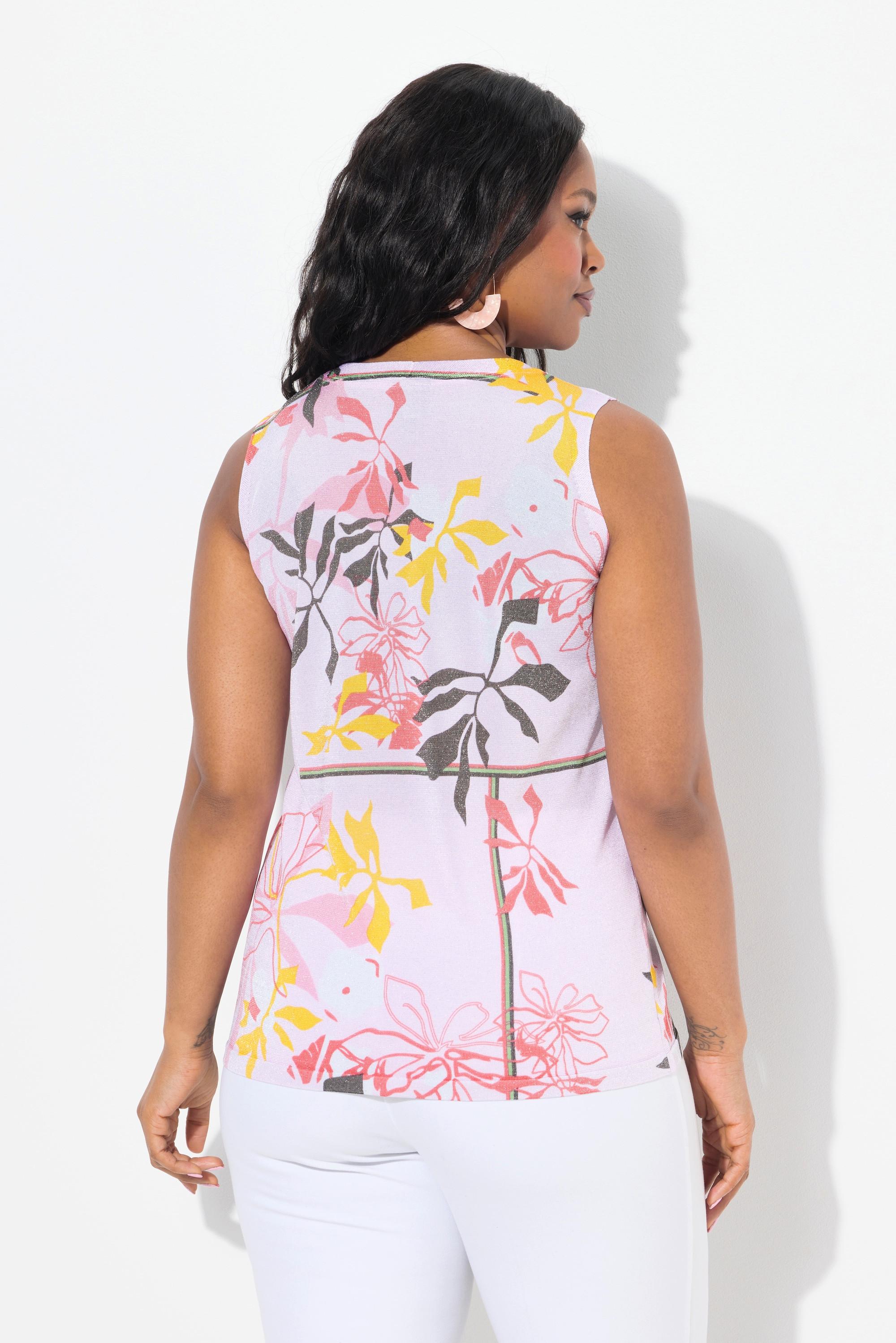 Ulla Popken Top smanicato in maglia fantasia floreale scollo a V  