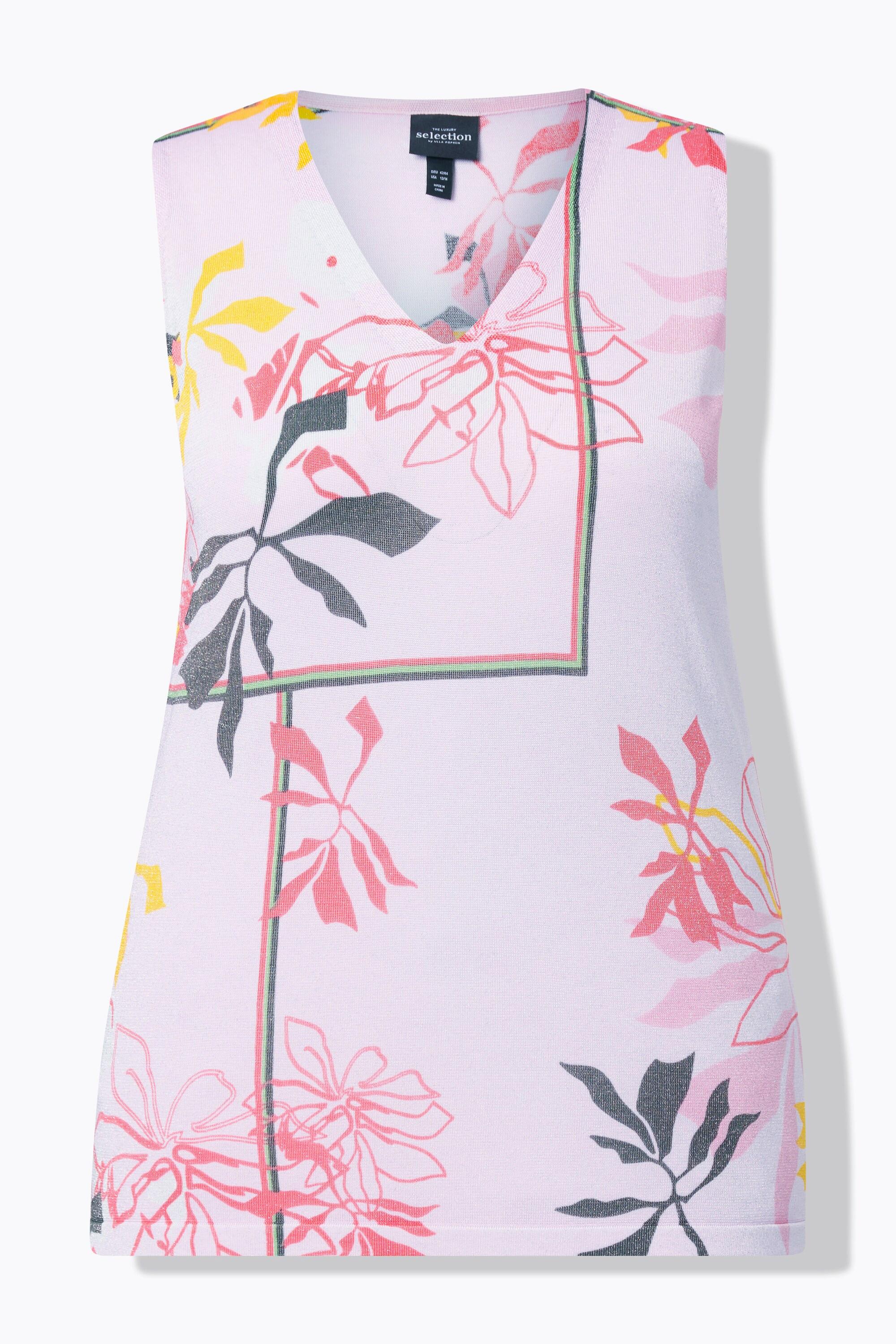 Ulla Popken Top smanicato in maglia fantasia floreale scollo a V  