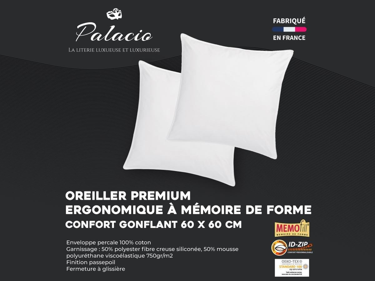 Vente-unique Lot de 2 oreillers mémoire de forme mémofill 60 x 60 cm - Percale de coton - 91 fils/cm² - 750 gr - Blanc - AUXENCE  