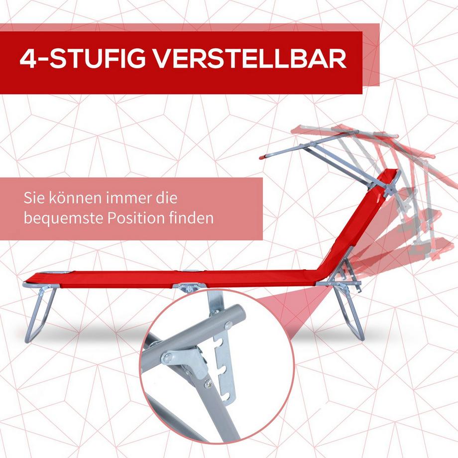 Northio Sonnenliege Gartenliege klappbar mit Sonnenschutz, Wellnessliege Strandliege in Rot 187 x 58 x 36 cm für entspannte Stunden im Freien  