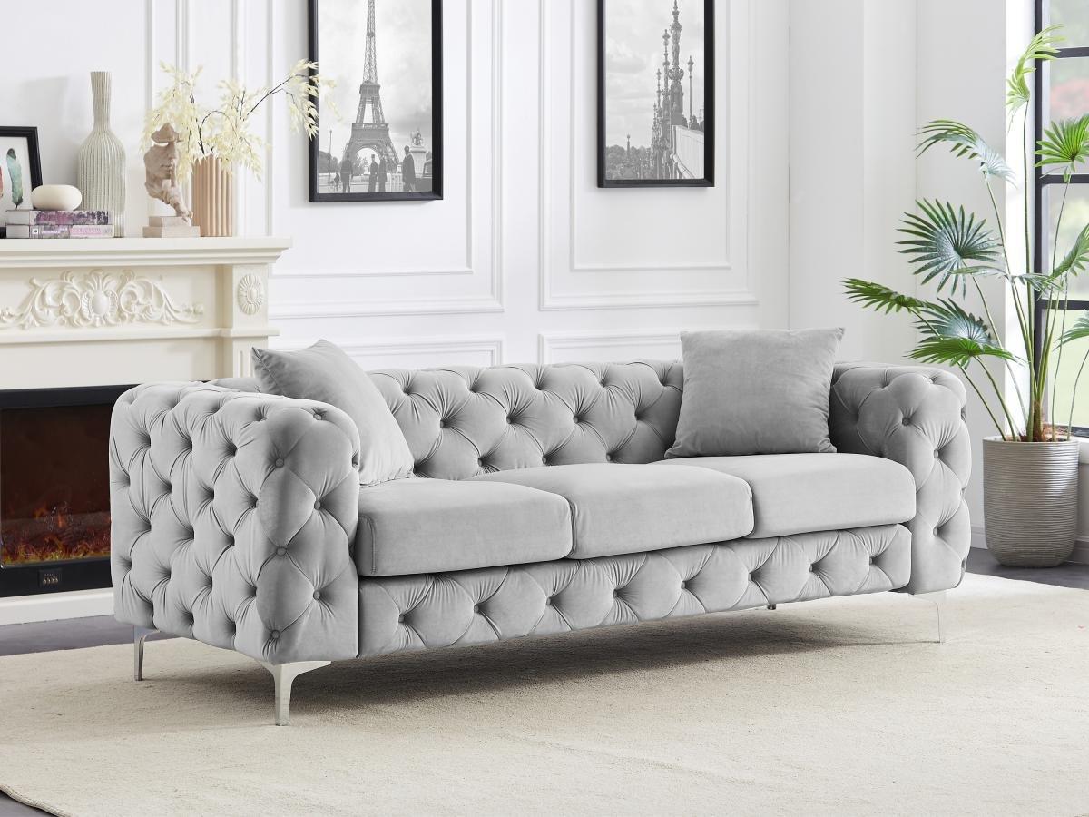 Vente-unique Canapé 3 places et fauteuil en velours gris clair EDWINA  