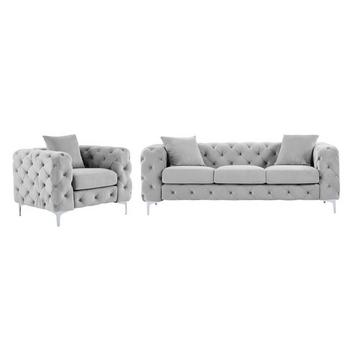 3-Sitzer Sofa & Sessel - Hellgrau - Samt - EDWINA