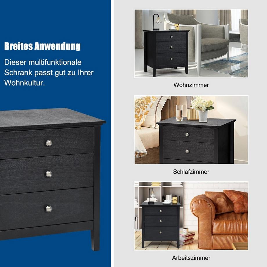 Northio Nachttisch mit 3 Schubladen Beistelltisch Nachtkommode Nachtschrank Schwarz  
