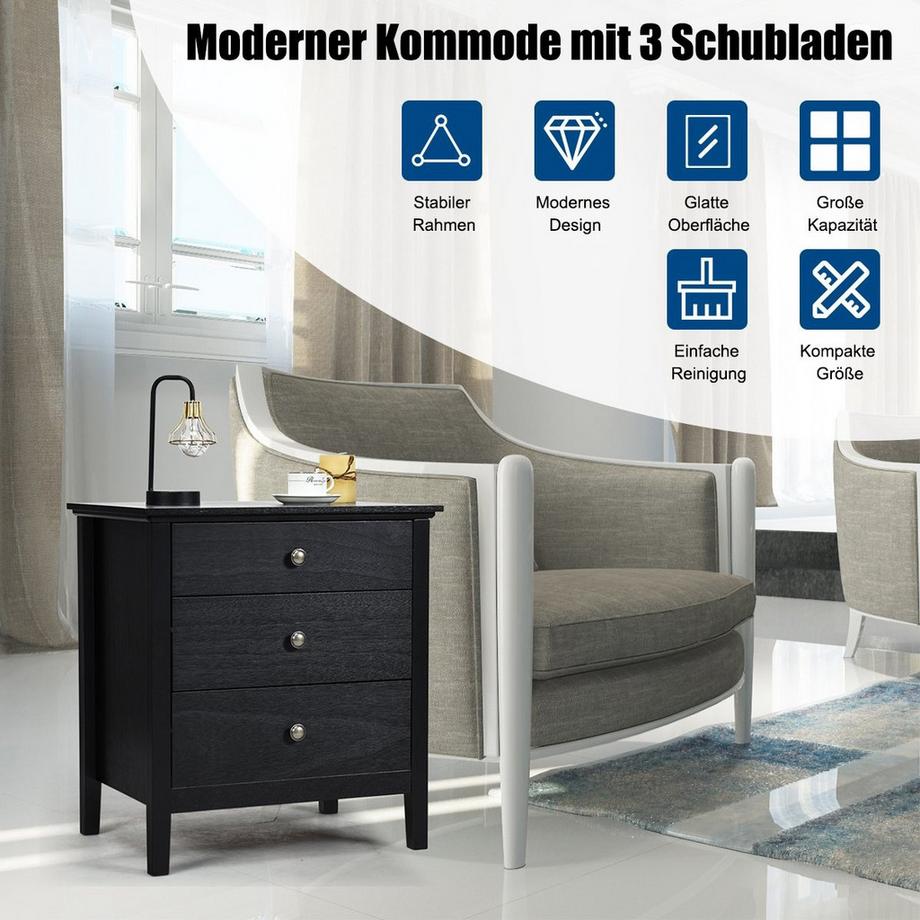 Nachttisch mit 3 Schubladen Beistelltisch Nachtkommode Nachtschrank Schwarz