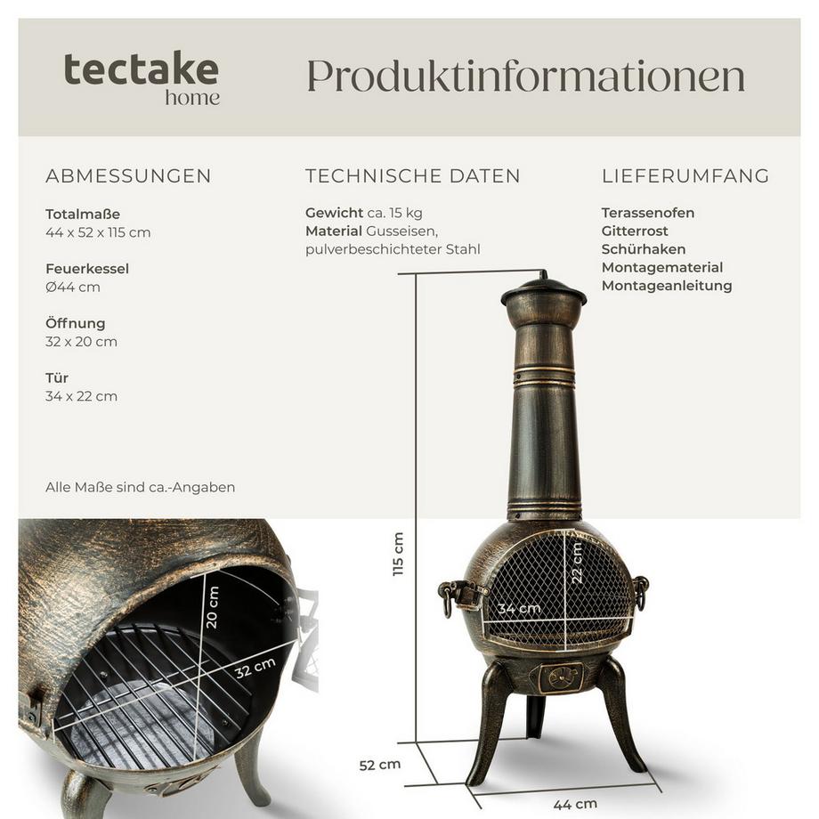 Tectake  Terrassenofen  aus Gusseisen mit Funkenfluggitter 