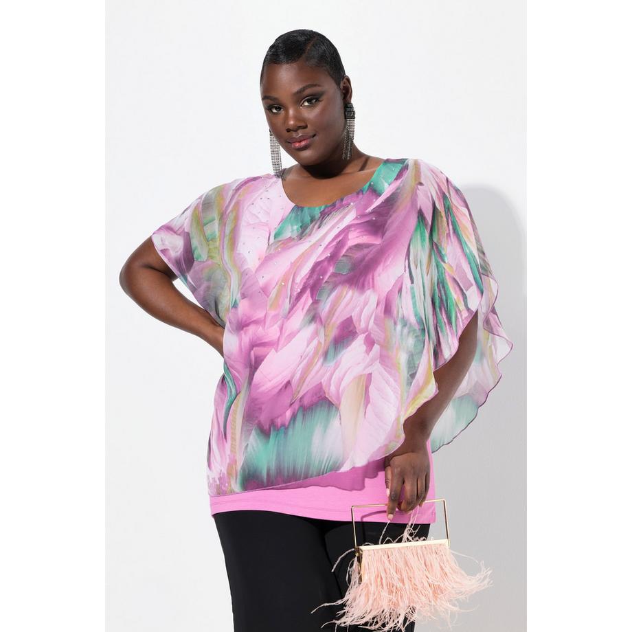 Ulla Popken Blouse en Mousseline Doublée Oversize Col Rond Manches Courtes  