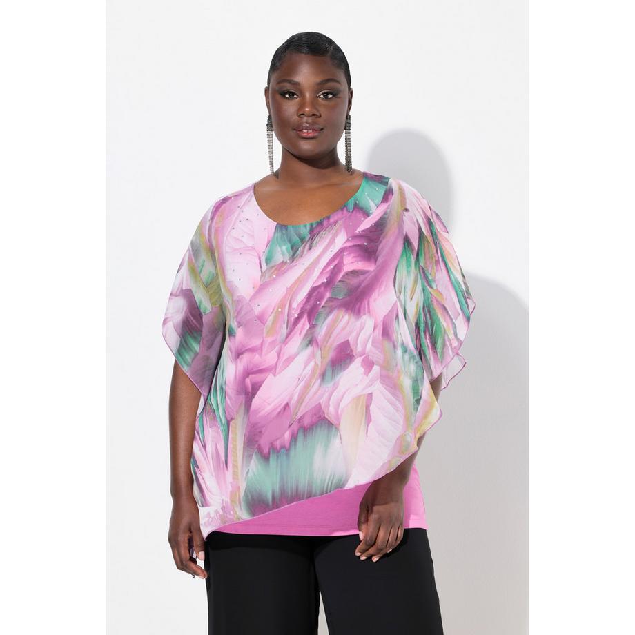 Ulla Popken Blouse en Mousseline Doublée Oversize Col Rond Manches Courtes  