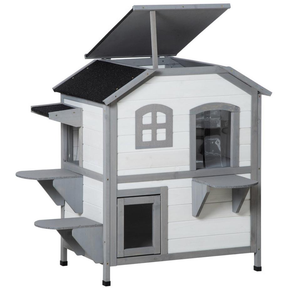 Northio  Katzenhaus Aus Holz, Outdoor Katzenhütte Mit Treppe, 2-Etagen, Kleintierhaus Für Katzen Bis 4,5 Kg, Weiß, 78 X 55,5 X 91 Cm 