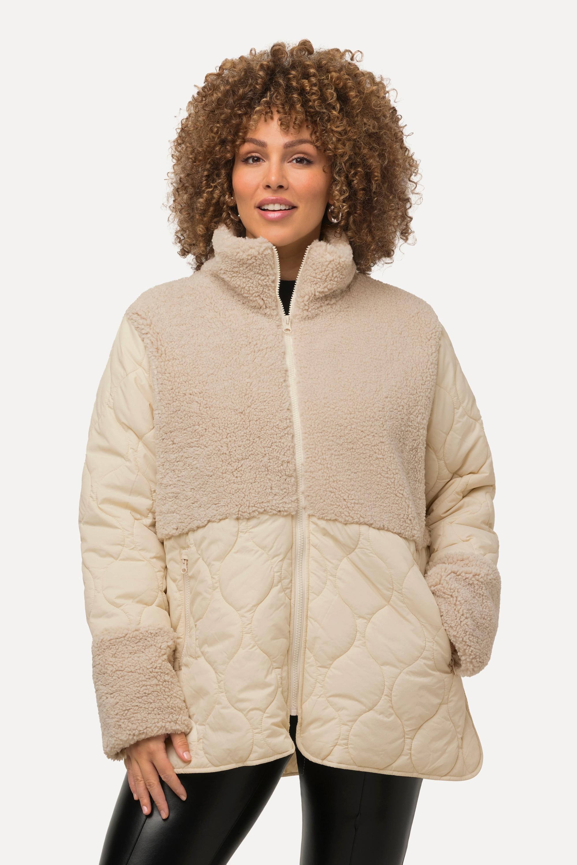 Ulla Popken  Steppjacke, Teddyanteil, Stehkragen, A-Linie, Patchlook 