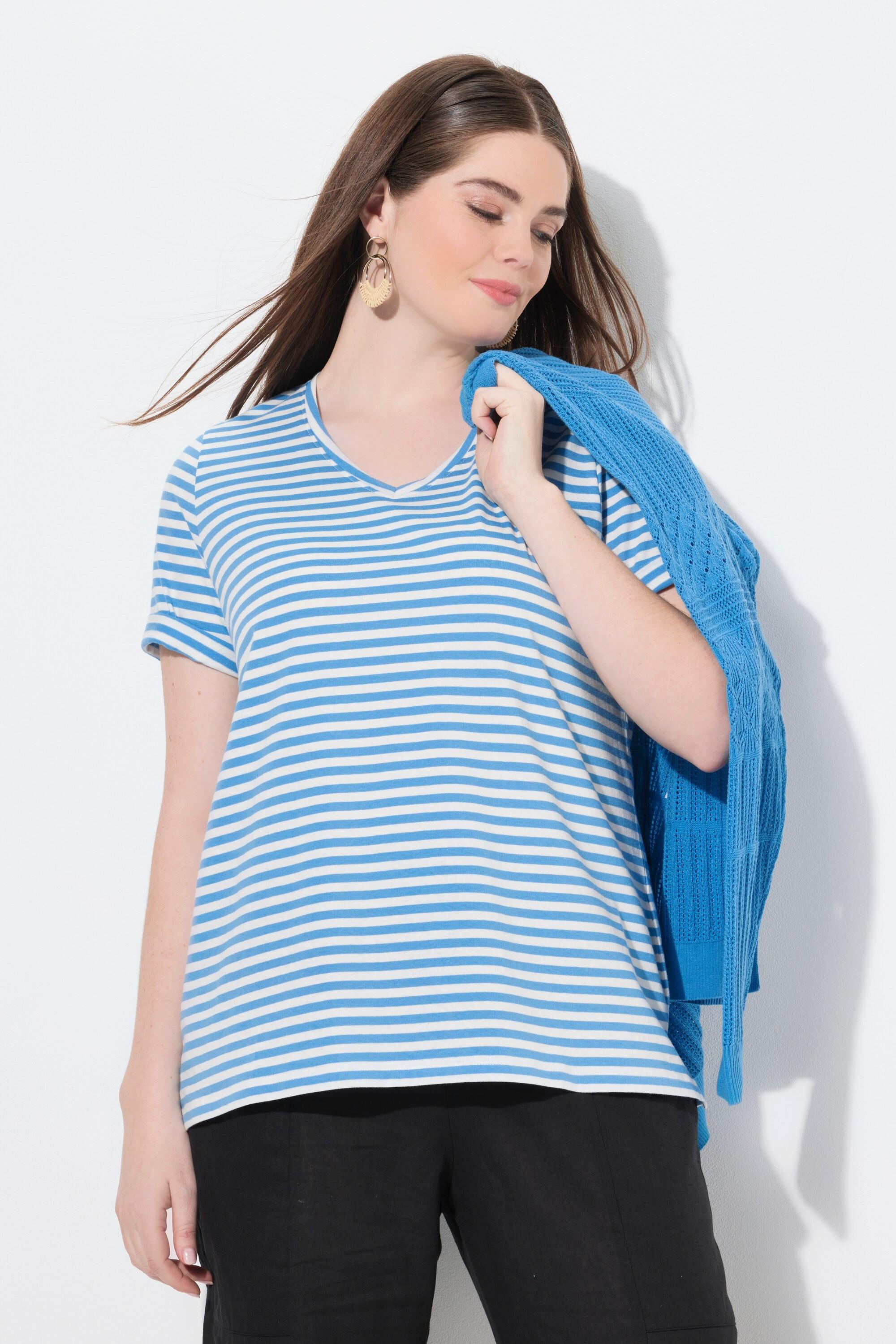 Ulla Popken Ringel V-Ausschnitt Halbarm T-Shirt  