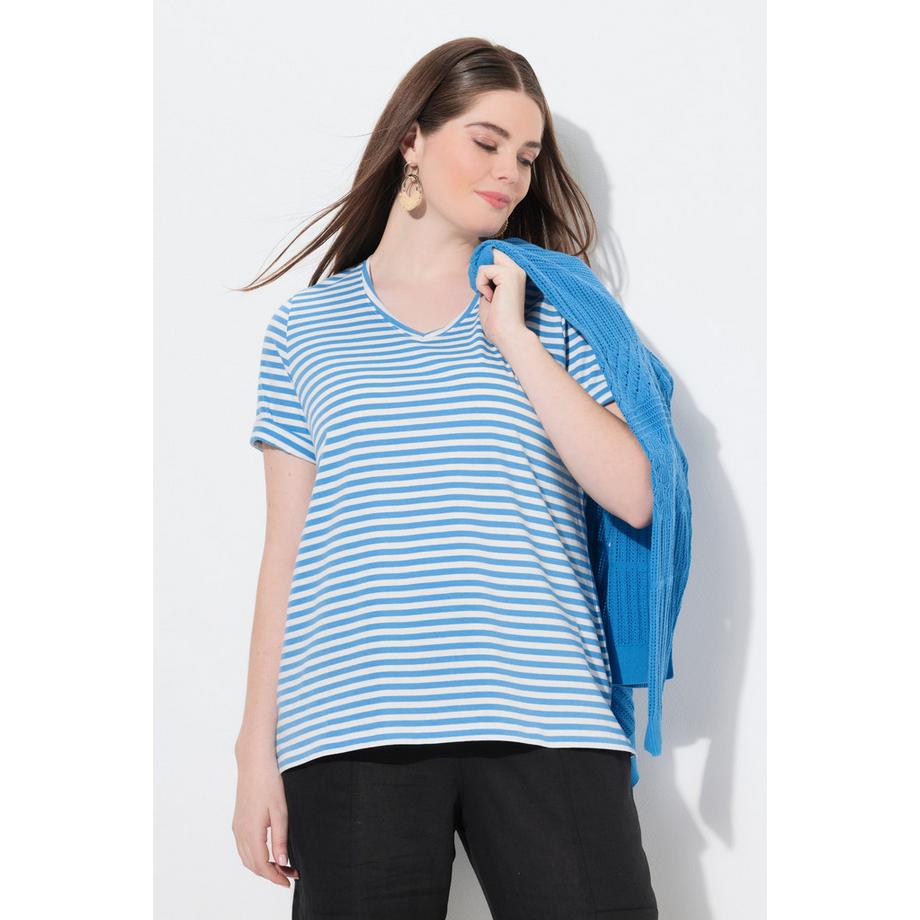 Ulla Popken T-shirt rayé Col V Manches Courtes  