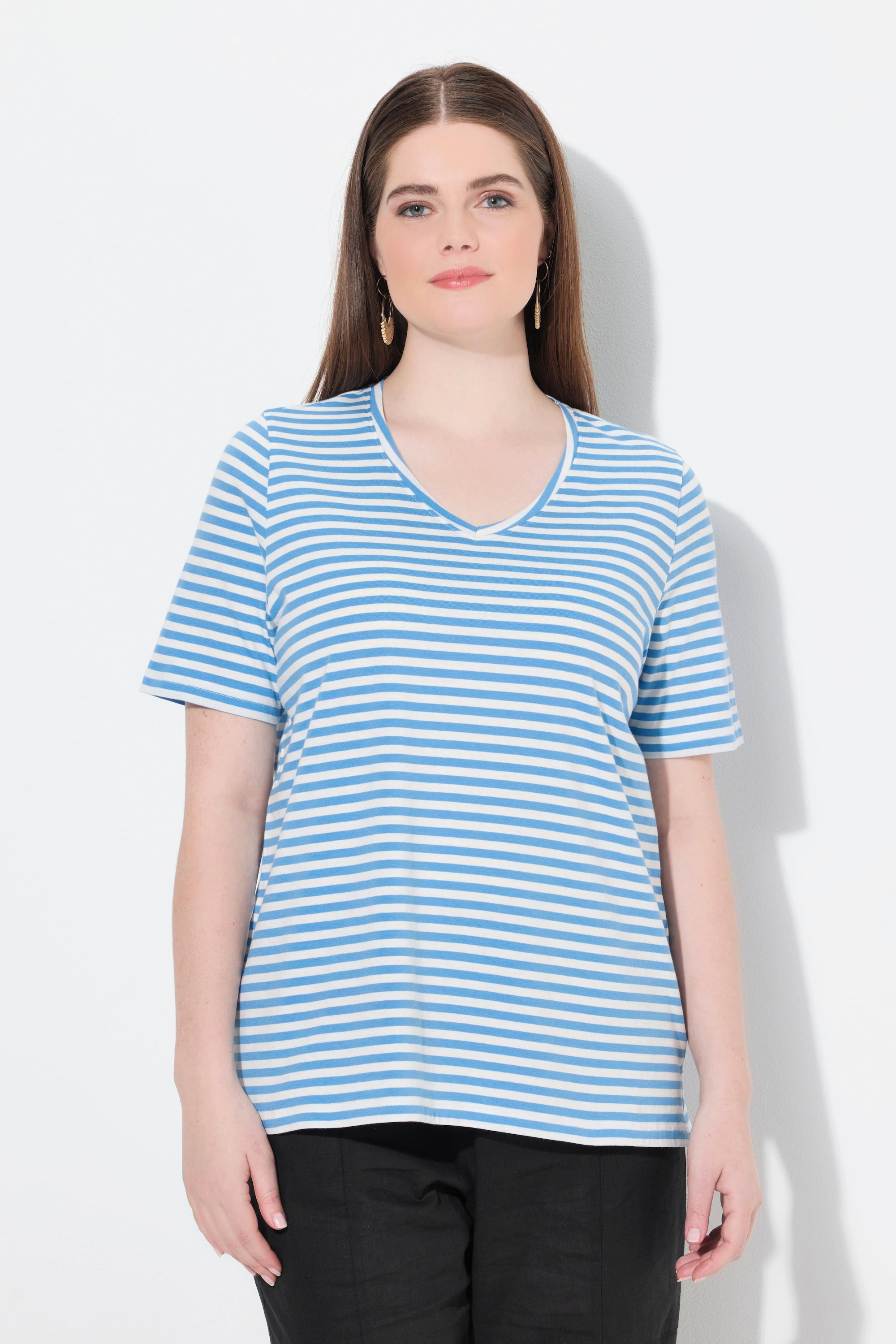 Ulla Popken Ringel V-Ausschnitt Halbarm T-Shirt  