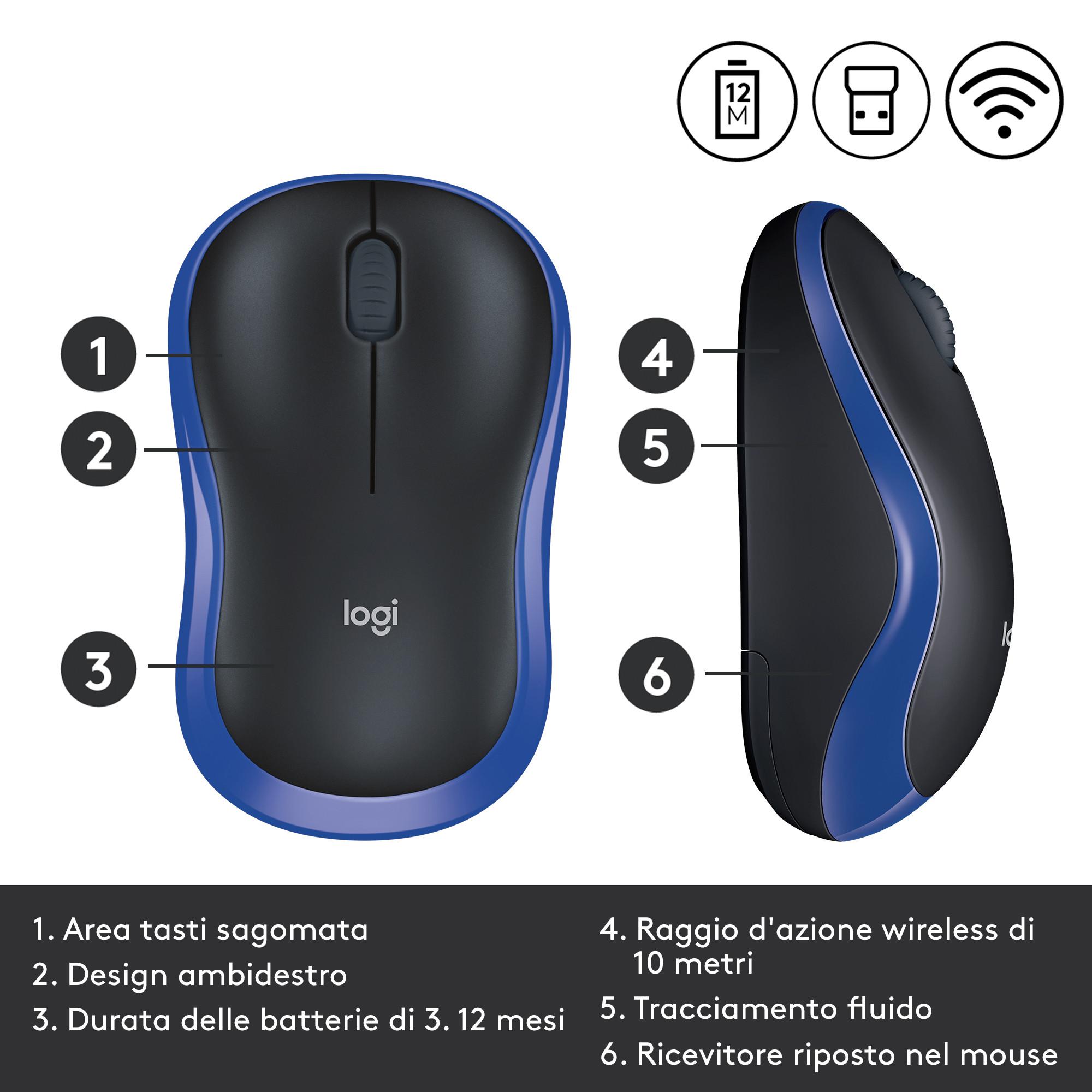 Logitech  M185 (Kabellos, Schwarz, Blau) 