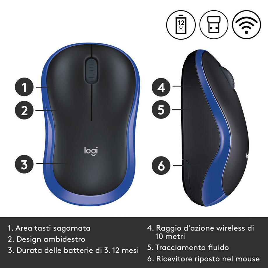 Logitech  M185 (Kabellos, Schwarz, Blau) 