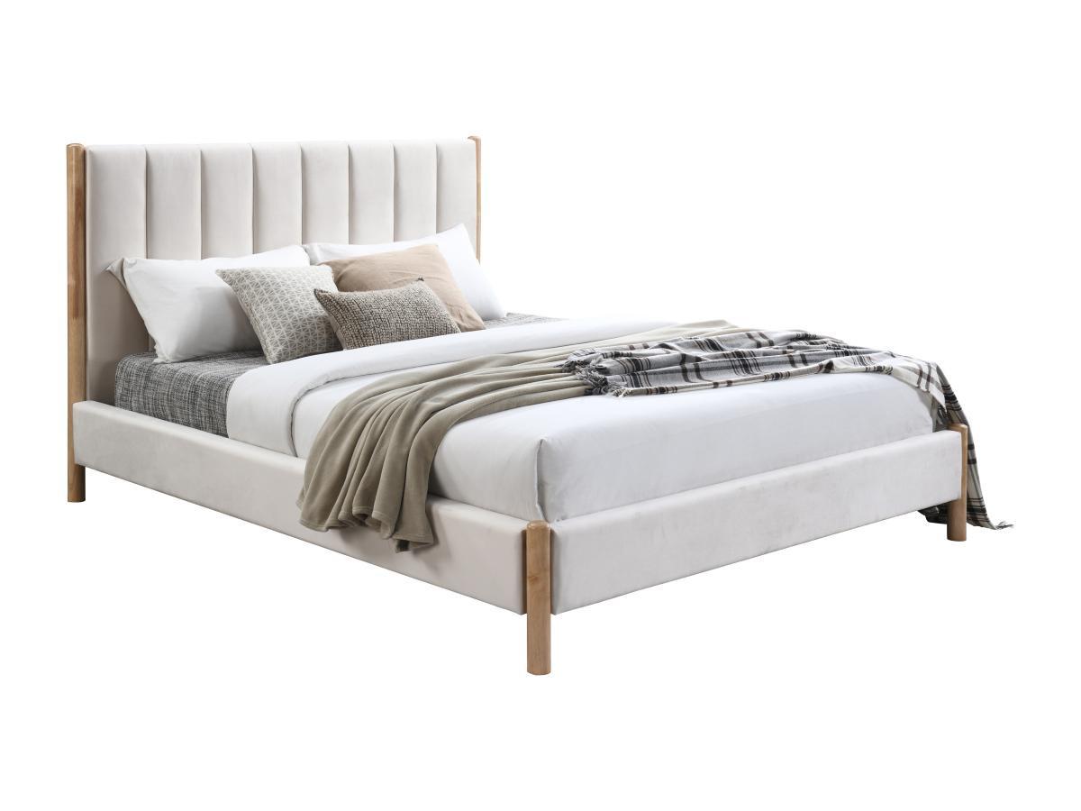 Vente-unique Lit 160 x 200 cm avec tête de lit coutures verticales - Velours - Ivoire + Matelas - SIZAMA  