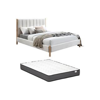 Vente-unique Lit 160 x 200 cm avec tête de lit coutures verticales - Velours - Ivoire + Matelas - SIZAMA  