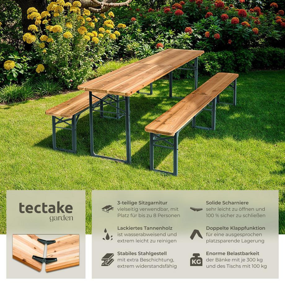 Tectake Bierzeltgarnitur Ralf 3-teilig, klappbar Tisch 220 x 50,5 x 77,5 cm, Bank 220 x 25 x 47,5 cm  