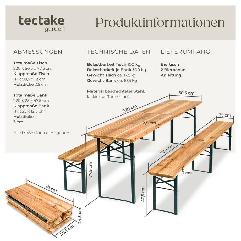 Tectake Bierzeltgarnitur Ralf 3-teilig, klappbar Tisch 220 x 50,5 x 77,5 cm, Bank 220 x 25 x 47,5 cm  