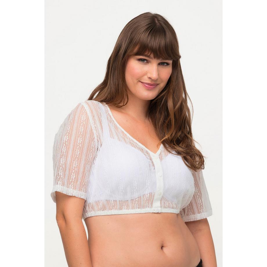 Ulla Popken Dirndlbluse Spitze V-Ausschnitt Elastiksaum Halbarm  