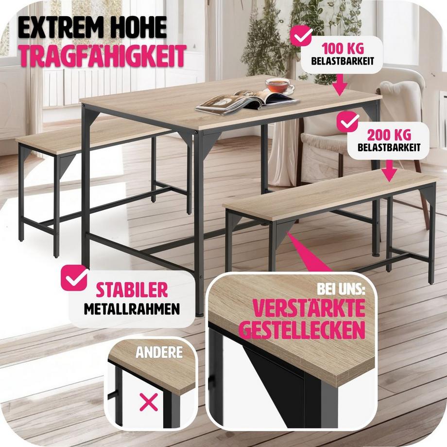 Tectake Sitzgruppe Bolton 3-teilig Esstisch mit 2 Sitzbänken  